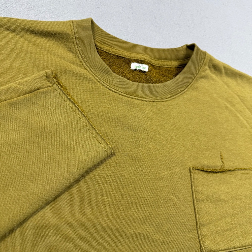 Aerie Mustard Yellow Olive Cropped Raw Hem Pocket Crewneck Sweatshirt Medium